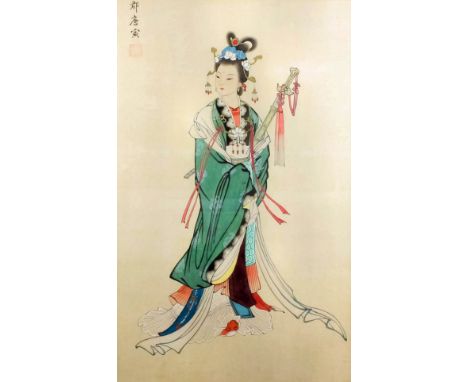 Chinese School - Watercolour on silk - Standing female figure holding a sword, 23.25ins x 14.5ins, signed and with red square