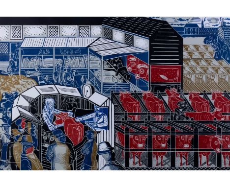 ARR Edward Bawden (1903-1989) - Coloured lithograph (after a lino cut) - "Cattle Market, Braintree", printed in black, red, b