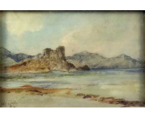 Horatio McCulloch (1805-1867) - Oil painting - "Knock Castle - Sound of Sleat, Skye", panel 4.5ins x 6.5ins, signed, in gilt 