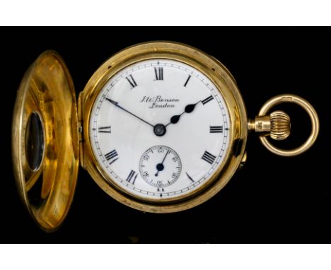 An George V lady's 18ct gold half hunting cased keyless pocket watch by Benson of London No. 7982, the white enamel dial with