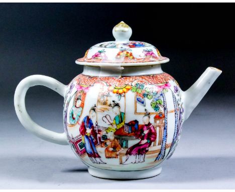 An 18th Century Chinese "Famille Rose" porcelain spherical teapot and cover, the whole decorated in coloured enamels with fig