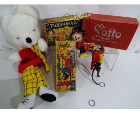 A good selection of vintage toys to include a tin plate Jocko The Climbing Monkey by Line Mar Toys, made in Japan, a Tiddlywi