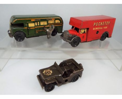 Brimtoy Pocketoy - three tin plate clockwork model motor vehicles comprising a Brimtoy Removal Van, finished in red with open