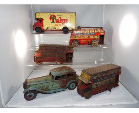 Wells Brimtoy - five tin plate vehicles ca 1930s and a later Bedford van ca 1950s, all in playworn condition. The World Servi