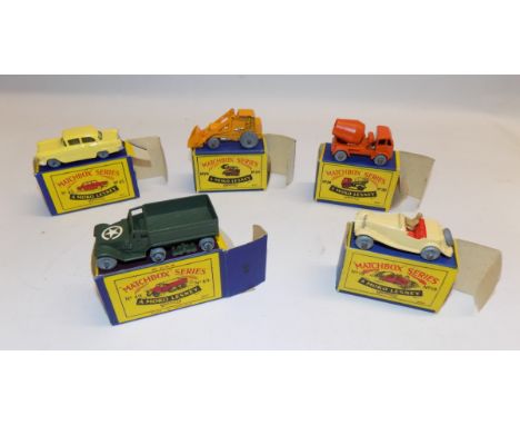 Matchbox :- 45  Vauxhall Victor, 24  Digger, 26  cement lorry, 49  personnel carrier (lacks one track) and 19  open tourer, e