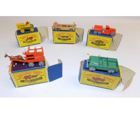 Matchbox :- 8  tractor, 16  trailer, 15  Prime Mover, 7  horse drawn milk float and 12  Land Rover. Condition report: Box 12 