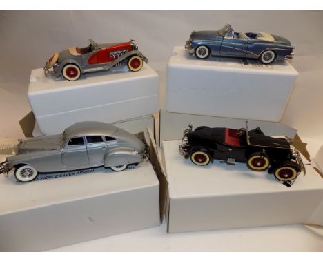 Danbury mint:- 1953 Buick Skylark, 1935 Duesenberg SSJ, 1933 Pierce silver arrow (lacks inner foam) and 1927 Stutz Black Hawk