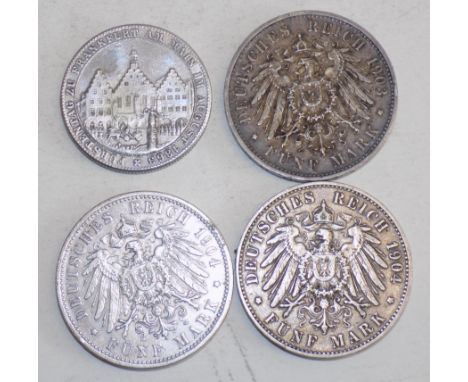 Frankfurt Thaler 1863, Baden 5M 1904, Hamburg 5M 1904 and Wurttemberg 5M 1903