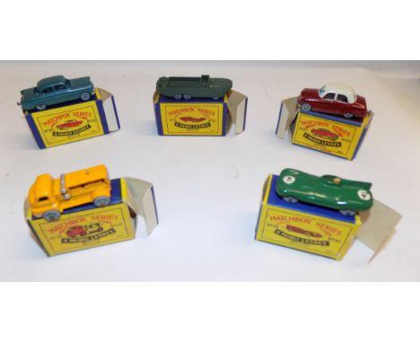 Matchbox :- 33  Ford Zodiac, 55  D.U.K.W., 22  Vauxhall Cresta, 28  Generator lorry, and 41  D. Type Jaguar, each boxed. Cond