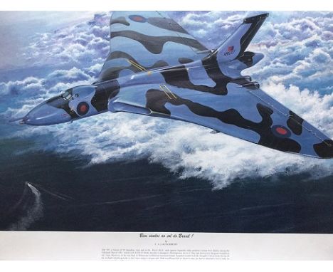 Vulcan of 50 Sqn print signed by Carl Launchbury the artist. The in-flight fuelling problem and the diversion to Rio de Janei