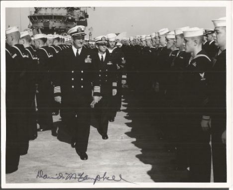 Top WW2 US Navy ace signed Black & White Photo Aboard USS Bon Homme Richard Signed Capt McCampbell Black & White Official US 
