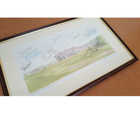 Golfing Legends autographed framed print. 40cm x 22cm print of Wallasey Golf Club, framed and mounted to an overall size of 5