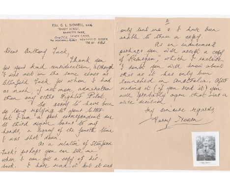Flt Lt Gareth Leofric Nowell DFM Excellent hand written letter with reference to not being in the same class as Robert Stanfo