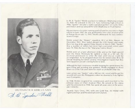 Lt W Spider Webb USN WW2 ace Signed US ace pilot profile of He was awarded the Navy Cross for his extraordinary feat on June 