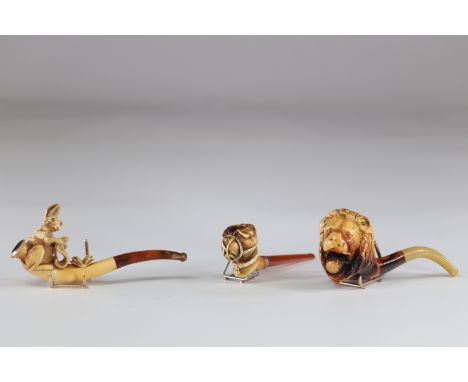 Lot of 3 beautiful amber and foam pipes "lion's head, muzzled dog and educated hare"Sizes: diversWeight (K): 0.115kg