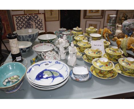 A selection of Oriental ceramics, to include blue and white bowls, a set of rice bowls with a yellow ground, two blanc-de-chi
