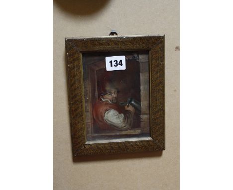 In the Manner of David Teniers A toper Oil on board Unsigned 14.5cm x 11cm; Together with Four tapestry panels and a Victoria