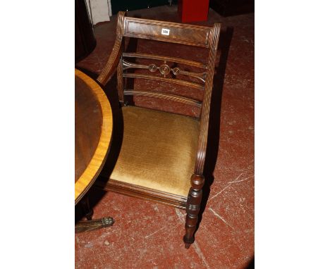 A George III style mahogany armchair together with a side chair, and two further dining chairs, together with a lacquered sto