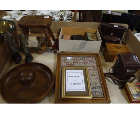 An assorted collection of vintage items, to include a box containing two silver vesta cases and costume jewellery, a Schuco c