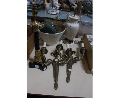 Two lamp bases, various shades, a pair of wall lights, a modern Limoges ashtray, oriental spoons etc