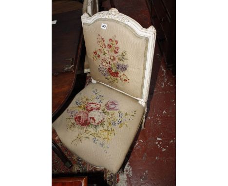 Three French white painted chairs with tapestry seats