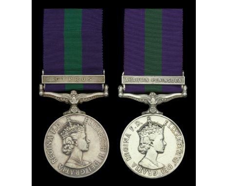General Service 1918-62, 1 clasp (2), Cyprus (2686728 S.A.C. R. K. Dickinson. R.A.F.); Arabian Peninsula (4200913 L.A.C. J. W