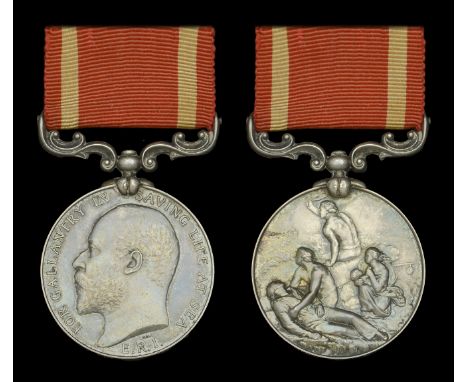 A Sea Gallantry Medal life saving pair awarded to W. Brown, Chief Officer of the Steamship Bostonian of Liverpool, for rescui