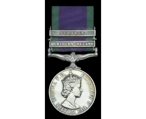 General Service 1962-2007, 2 clasps, Northern Ireland, Lebanon (24393265 Tpr R E Thomas QGD) minor edge bruise, nearly extrem