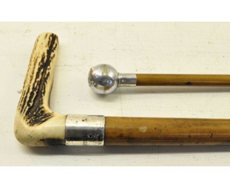 A silver mounted Cane inscribed "A Green" and a Military Swagger Stick by Swaine Adeney. 
