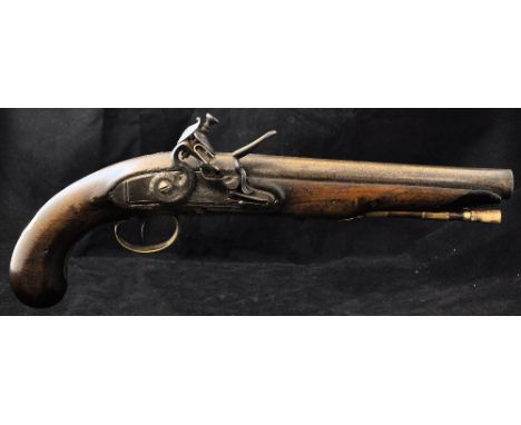 A Flintlock Holster Pistol by Theophilus Richards of Birmingham, with ramrod and engraved brass trigger guard, and a roller b