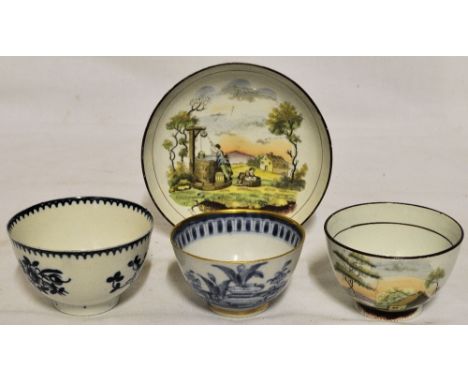 An early 19th Century pearlware Tea Bowl decorated with figures at a well, a Worcester pattern blue and white tea bowl and on