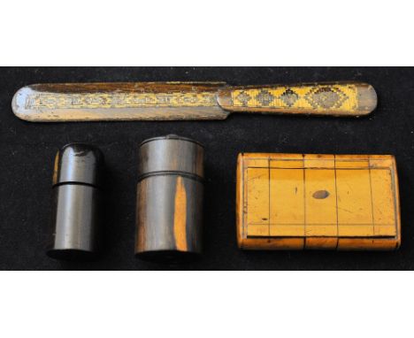 A Lignum Vitae cylindrical Thimble Holder, another Lignum Vitae Container, a Tunbridge ware Paper Knife, and a tortoiseshell 
