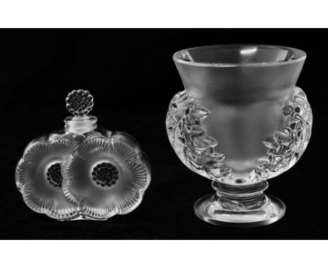 A Lalique glass 'Two Flowers' pattern Scent Flask, boxed (cracked) and a Lalique 'St. Cloud' vase (a/f). 