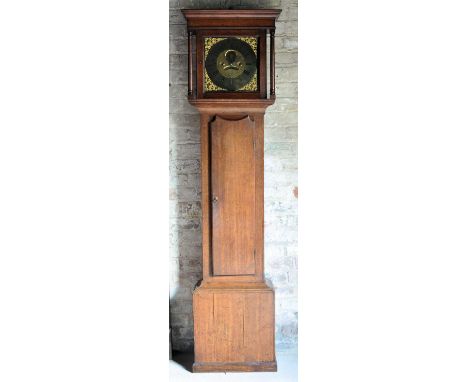 An 18th Century Longcase Clock, the square brass dial inscribed "Grice" with calendar ring, ormolu spandrels and thirty-hour 