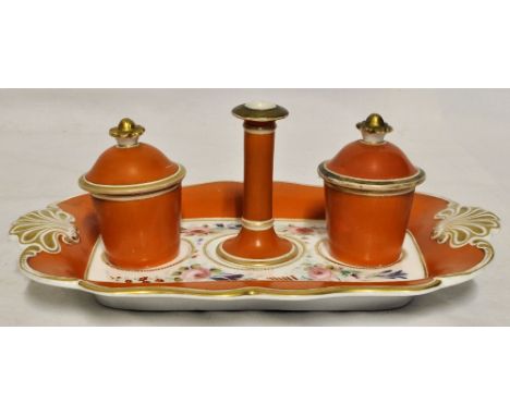 An early 19th Century porcelain Inkstand of oblong design, painted with flowers within an orange and shell moulded border, an