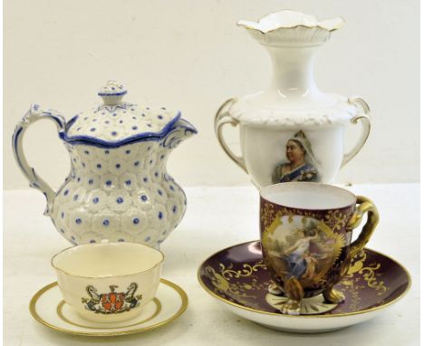 A Doulton Burslem two handled baluster Vase commemorating the 1897 Diamond Jubilee, a Vienna cabinet cup and saucer decorated