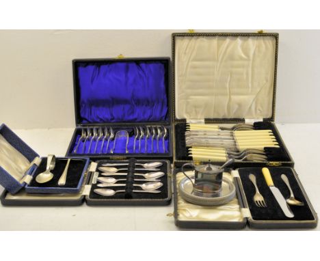 A cased silver Christening Spoon and Fork, together with a bone handled knife, a set of six plated teaspoons and tongs in cas