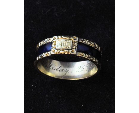 An early 19th Century Memento Mori Ring, decorated in black enamel, the interior inscribed "Ann Holliday 25th September 1834"