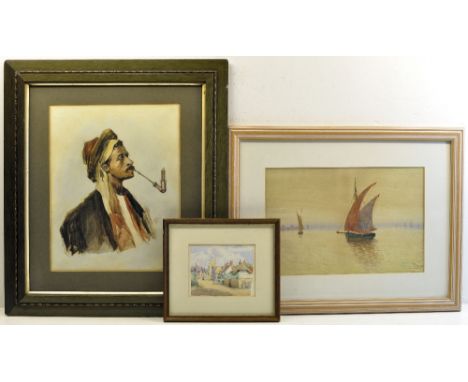 M S; half length Portrait of a turbaned gentleman smoking a pipe, Watercolour, 12" (31cms) x 9 1/2" (24cms), an indistinctly 