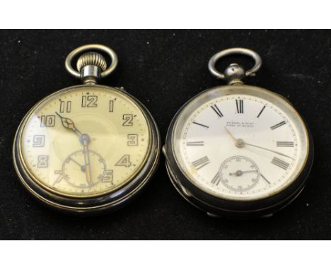 A Continental open face Pocket Watch with white dial in engine turned silver case and one other pocket watch. 