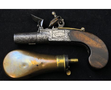 A Flintlock Pocket Pistol with screw-off barrel, sliding safety, possibly by Richards of London, and a small screw top Powder