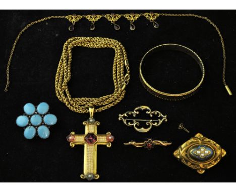 A Victorian oval gilt metal Brooch set with seed pearls and blue enamel, a rope twist guard chain hung with a large cross pen