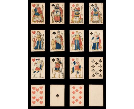 * French playing cards. Gatteaux Empire design, unknown maker, 1811, 51 (of 52, without jack of clubs) stencil coloured wood 