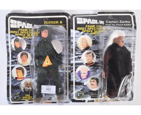 Space 1999 - ClassicTVToys.com - x2 8" scale carded action figures from the franchise 'Captain Zantor' and ' Number 8'. Conte