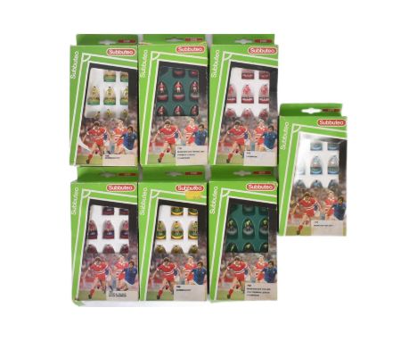 A collection of x7 vintage Subbuteo tabletop football team sets comprising; 741 Liverpool, 770 Manchester United, 709 Norwich