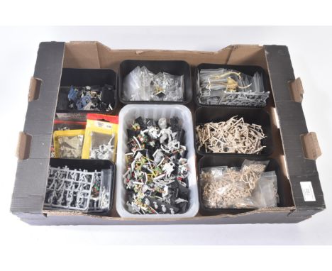 A large collection of assorted vintage table top Warhammer / Wargaming figures. Various examples of plastic and metal constru