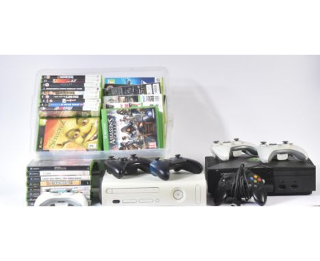 Retro Gaming - Microsoft Xbox video game console bundle comprising an original 1st Generation Xbox and 2nd Gen Xbox 360 along