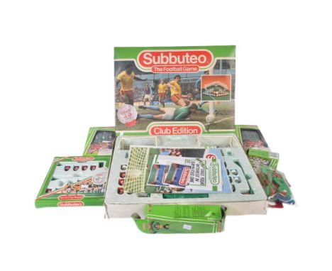 A collection of vintage Subbuteo tabletop football game items comprising x1 Club Edition boxed set with x2 teams, x2 goals, f