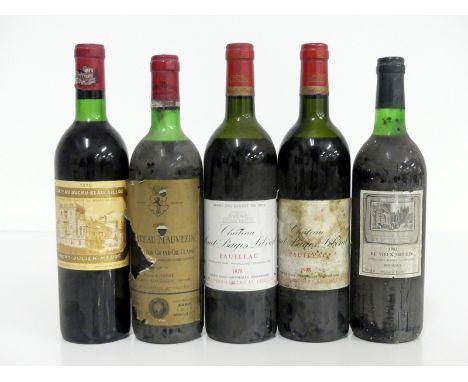 1 bt Ch. Ducru-Beaucaillou 1970 St-Julien ts sl bs 1 bt Ch. Mauvezin 1974 St-Émilion Grand Cru Classé us bs, torn label 2 bts