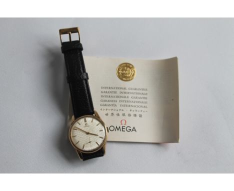 AN OMEGA GENTLEMAN'S 1966 9ct GOLD MANUAL WIND WRIST WATCH WITH ORIGINAL PAPERWORK, with 'Joseph Sankey & Sons Ltd' inscripti